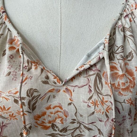 Vintage 70s Peasant Style Short Sleeve Top Keyhole Tie Floral Birds Brown Orange - Picture 6 of 7